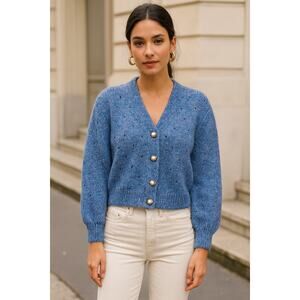 Boutique Dreamy Blue Pointelle Knit Cardigan with White Buttons Size Medium